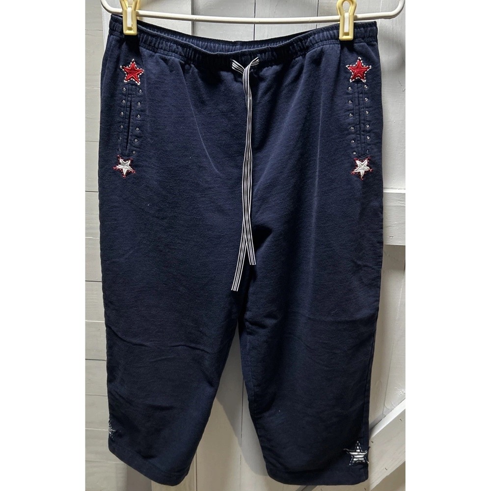 Onque Casuals Crop Pants Womens Medium Navy, Red, White Stars Cottagecore Capris
